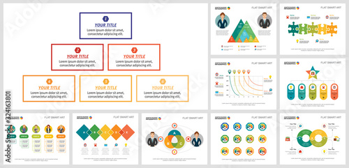 Modern infograph design set for management report layout, annual document, slide, web graphics. Business and development concept with flow diagram, bar, percentage, process, and cycle charts.