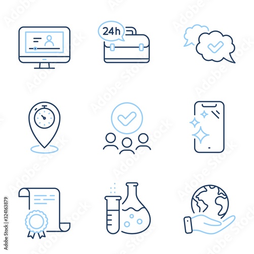 Chemistry flask, Timer and 24h service line icons set. Diploma certificate, save planet, group of people. Approved, Online video and Smartphone clean signs. Vector