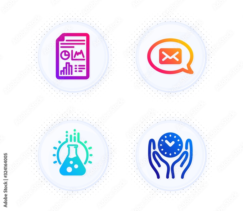 Chemistry lab, Report document and Messenger icons simple set. Button with halftone dots. Safe time sign. Laboratory, Growth chart, New message. Management. Education set. Vector