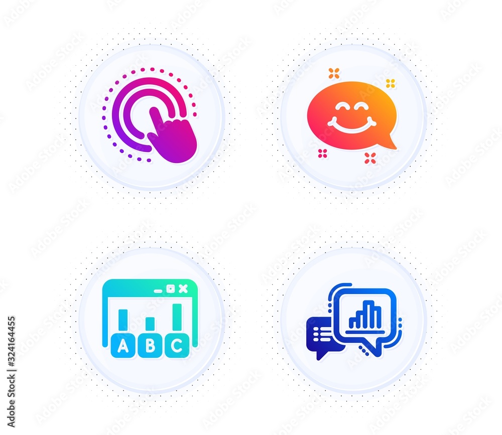 Click hand, Survey results and Smile chat icons simple set. Button with halftone dots. Graph chart sign. Touch gesture, Best answer, Happy emoticon. Growth report. Technology set. Vector Click hand, Survey results and Smile chat icons simple set. Button with halftone dots. Graph chart sign. Touch gesture, Best answer, Happy emoticon. Growth report. Technology set. Vector