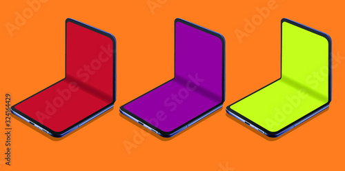 Foldable phone or mobile. Smartphone that folds in middle of screen like a flip phone.Vector.Mockup.