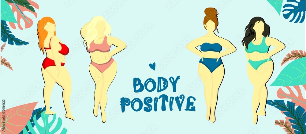 Body positive zone. Horizontal banner or flyer. Header for the web site. Bodypositive concept. Women in swimsuits. The girls are beautiful fat.. Body positive zone. Horizontal banner or flyer. Header for the web site. Bodypositive concept. Women in swimsuits. The girls are beautiful fat..