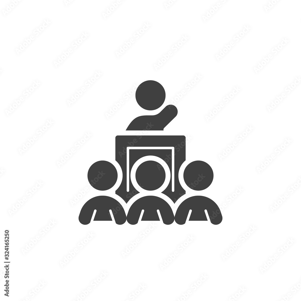 Business training speaker vector icon. filled flat sign for mobile concept and web design. Man on Conference podium glyph icon. Symbol, logo illustration. Vector graphics Business training speaker vector icon. filled flat sign for mobile concept and web design. Man on Conference podium glyph icon. Symbol, logo illustration. Vector graphics