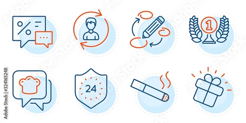 Cooking hat, Discounts and Laureate award signs. 24 hours, Human resources and Gift line icons set. Keywords, Smoking symbols. Protection, Update profile. Business set. Outline icons set. Vector