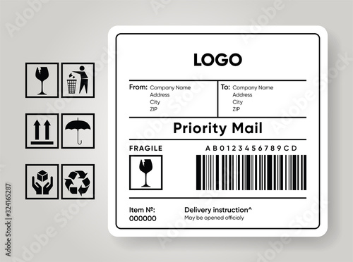 Shipment label template. Cargo sticker. Delivery bar code mockup. Fragile, handle, recycle icon. Information about company recipient. Priority mail with barcode mock up. Vector illustration