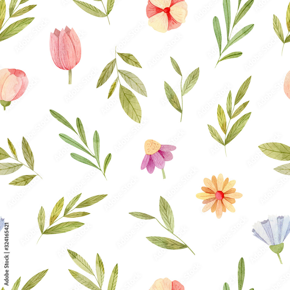 Watercolor floral seamless pattern (background, square pattern, texture) - bright spring and summer flowers, green leaves. Perfect for wrapping paper, textile.