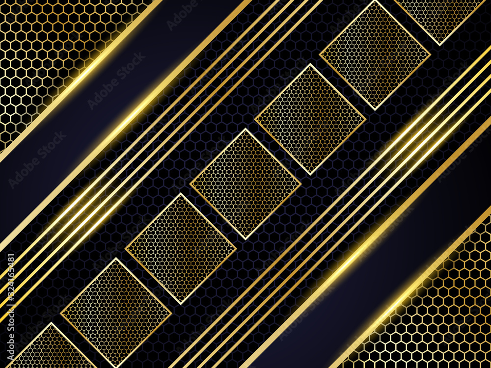 Luxury abstract metallic gold background design. Modern carbon fiber background with golden geo-metric luminous shapes, various elements, stripes and highlights on a carbon grid. Luxury abstract metallic gold background design. Modern carbon fiber background with golden geo-metric luminous shapes, various elements, stripes and highlights on a carbon grid.
