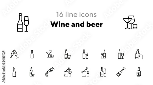 Wine and beer line icon set. Set of line icons on white background. Alcohol concept. Bottle, glass, wine, beer. Vector illustration can be used for topics like bar, alcohol, restaurant