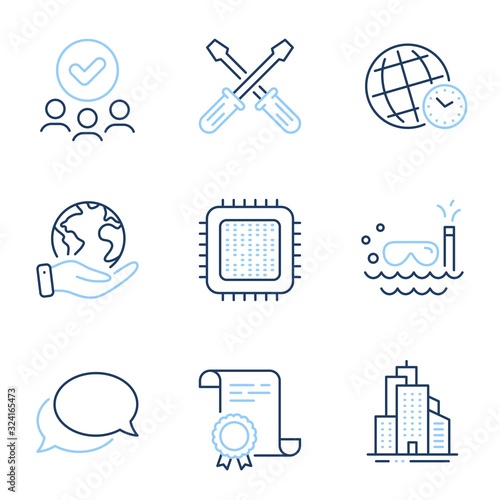 Cpu processor, Messenger and Skyscraper buildings line icons set. Diploma certificate, save planet, group of people. Scuba diving, Screwdriverl and Time zone signs. Vector
