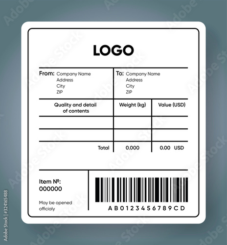 Shipping bar code label. Cargo sticker. Product and price with barcode template. Delivery sticker mockup. Sender and recipient information text area. Vector illustration