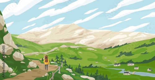 Active tourist woman walking on path admiring mountain landscape vector graphic illustration. Travel cartoon female contemplating natural scenery. Concept of journey and new discoveries