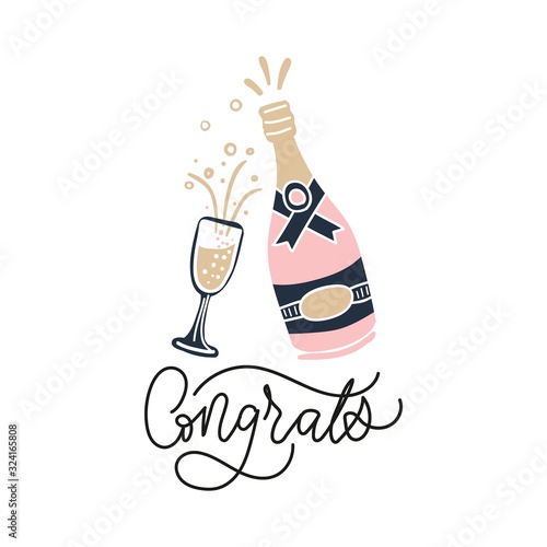 Pink bottle of champagne and glass filled with liquid vector illustration. Drink to celebrate special event. Hand drawn greeting card with lettering flat style. Congrats concept