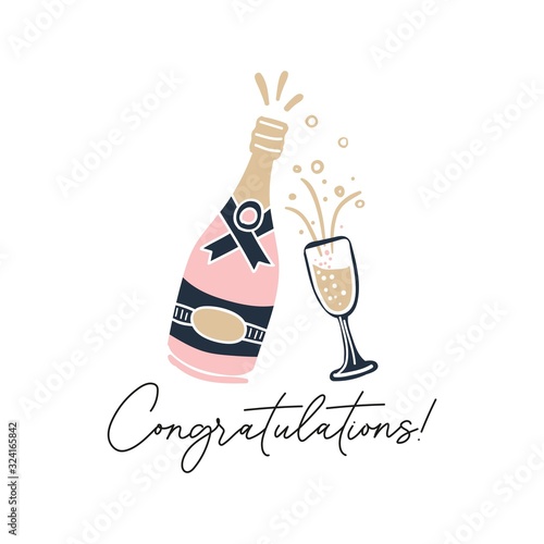 Congratulations hand drawn greeting card vector illustration. Pink bottle with champagne and glass flat style design. Cheers and celebration event concept