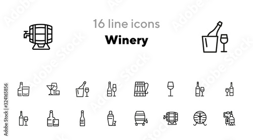 Winery icons. Set of line icons on white background. Wine bottle, barrel, beer. Alcohol concept. Vector illustration can be used for topics like bar, drinks, winemaking