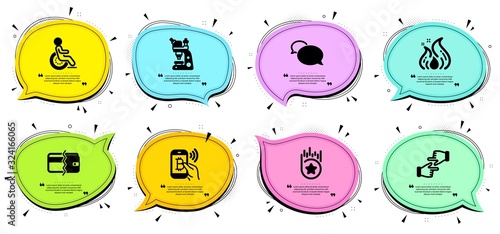 Disability, Microscope and Click hands signs. Chat bubbles with quotes. Fire energy, Bitcoin pay and Loyalty star line icons set. Payment methods, Messenger symbols. Flame, Mobile payment. Vector