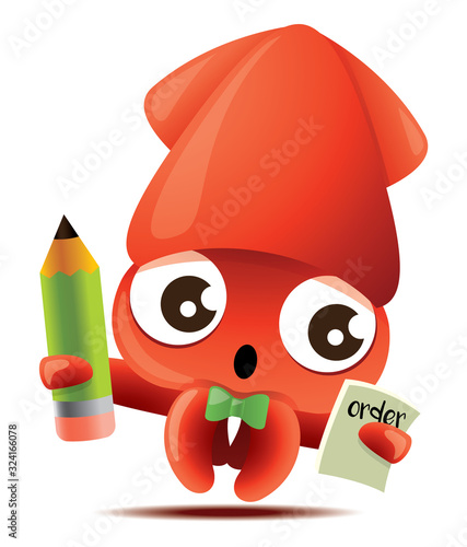 Cartoon cute squid with green bowtie taking meal order with green pencil, vector mascot character - vector 