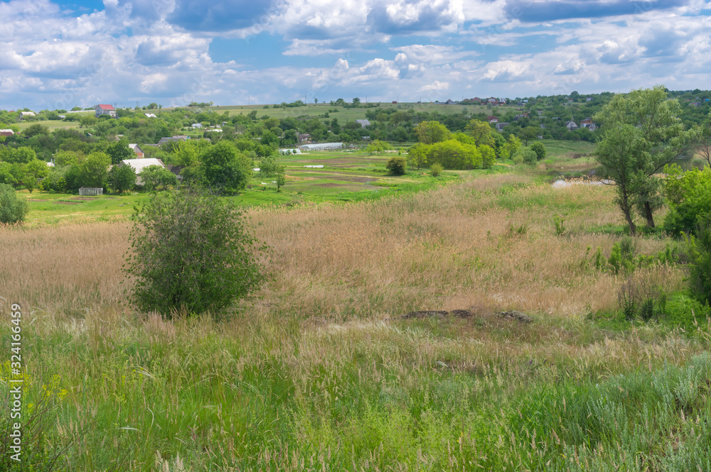 Spring landscape with overgrown Sura riverside in Sursko-Lytovske village near Dnipro city, Ukraine