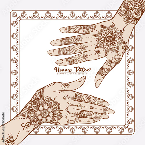 Female hands with traditional indian henna tattoo. Template for tottoo salon banner, wedding invitation, gift voucher, label. Vector illustration.