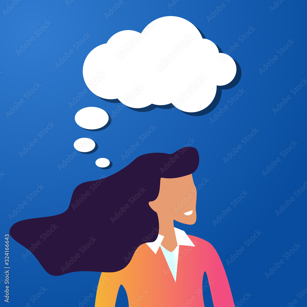 Thoughtful beauty girl with a speech bubble on a blue background. Woman is looking for inspiration Thoughtful beauty girl with a speech bubble on a blue background. Woman is looking for inspiration