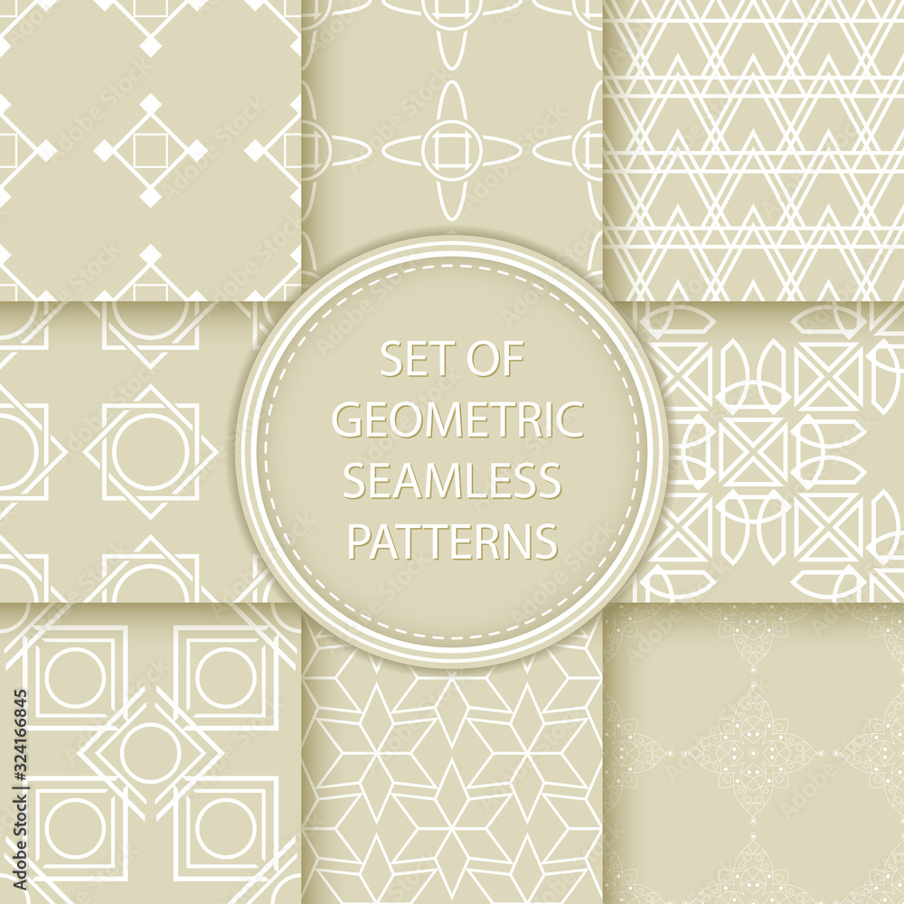 Compilation of seamless patterns. White abstract and geometric prints on olive green background