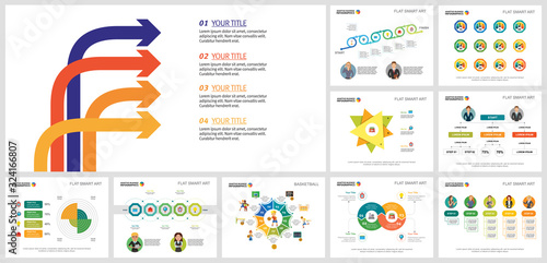 Trendy infographic layout set for HR layout, management report, slides, web page. Business and recruitment concept with organizational diagram, pie, cycle, and percentage charts.
