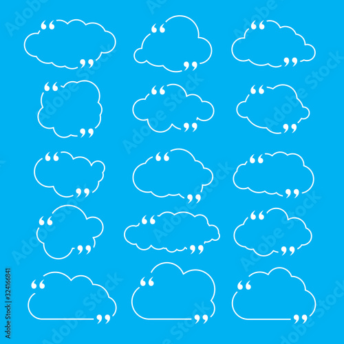 Quote box frame set as clouds isolated on blue background. Template for posting quotes or motivational messages. Quotation, comment or thought bubbles.
