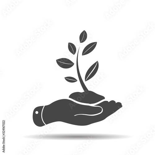 hand icon that takes care of plant sprouting from ground. concept of caring for nature. leaves in palm of your arm. Symbol of ecology, environmental awareness, nature protection concept.