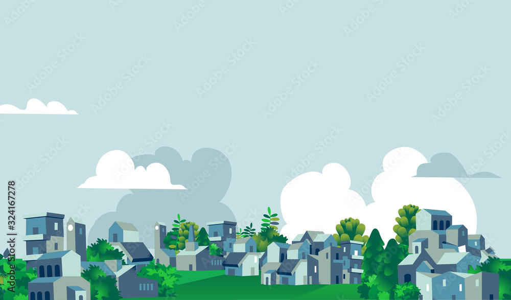 Panoramica quartiere urbano, città, villaggio con case e alberi verdi - Illustrazione vettoriale