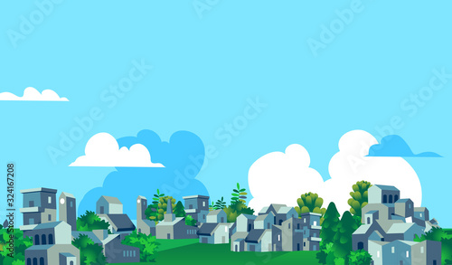 Panoramica città, villaggio con case e alberi verdi, sfondo cielo blu con nuvole - Illustrazione vettoriale