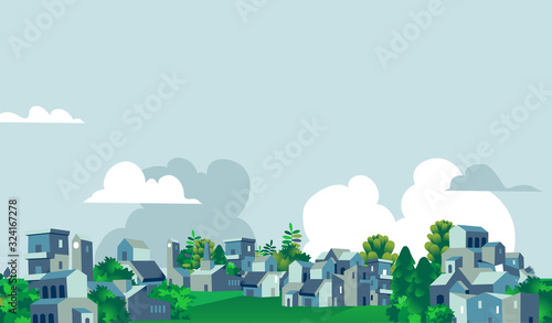 Panoramica quartiere urbano, città, villaggio con case e alberi verdi - Illustrazione vettoriale photo