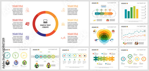 Modern infographic layout set for development layout, annual statistics, slide, web. Business and analization concept with venn diagram, step, line, bar, and doughnut charts photo