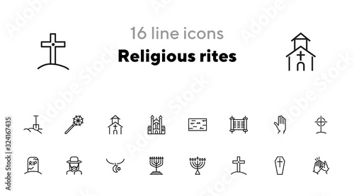 Religious rites line icon set. Cemetery, menorah, rabbi. Religion concept. Can be used for topics like church, funeral, Judaism