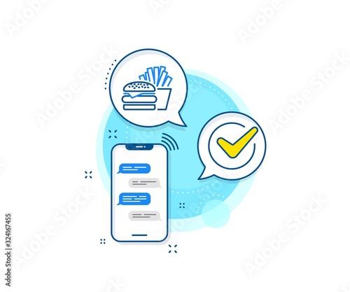 Fast food restaurant sign. Phone messages complex icon. Burger with fries line icon. Hamburger or cheeseburger symbol. Messenger chat screen banner. Burger sign. Vector