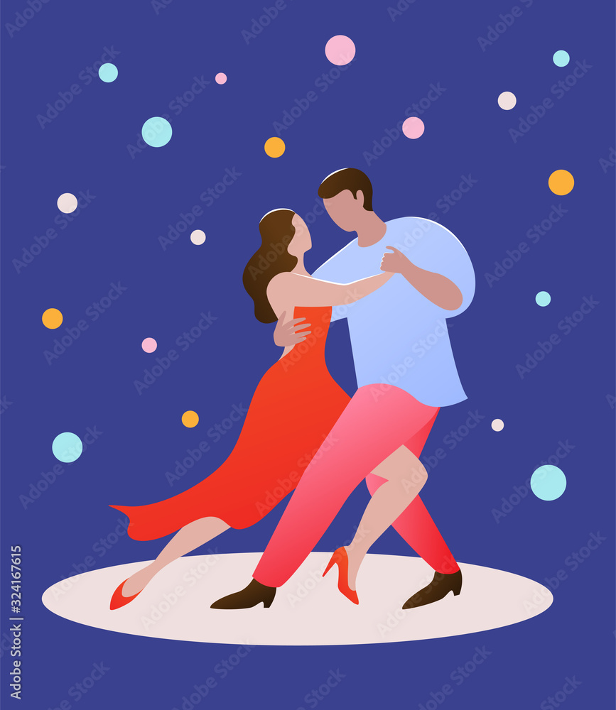 Pair of dancing people on a dark blue background in flat style. Stock vector illustration for web, print, wallpapers, backgrount, invitations and cards.