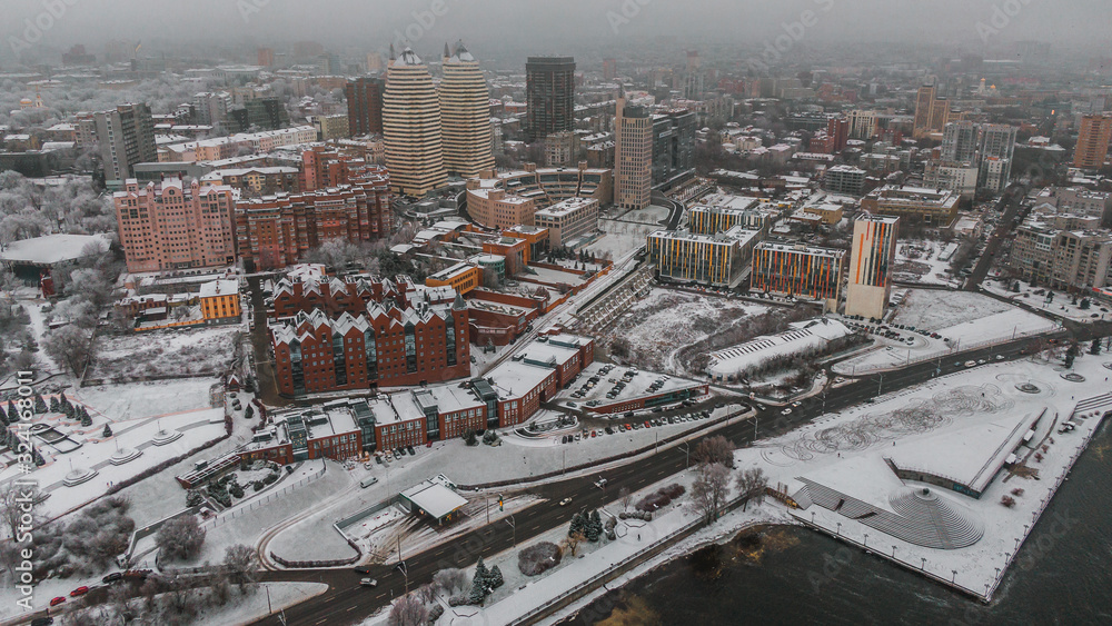 зимний город с птичьей высоты, winter city with a bird's eye view