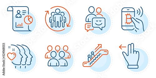 Friends couple, Group and Bitcoin pay signs. Report, Communication and Escalator line icons set. Touchscreen gesture, Teamwork symbols. Work statistics, Business messages. People set. Vector