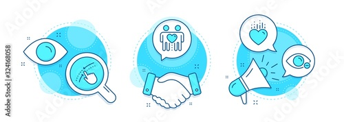 Friends couple, Heart and Swipe up line icons set. Handshake deal, research and promotion complex icons. Myopia sign. Friendship, Love, Touch down. Eye vision. People set. Vector
