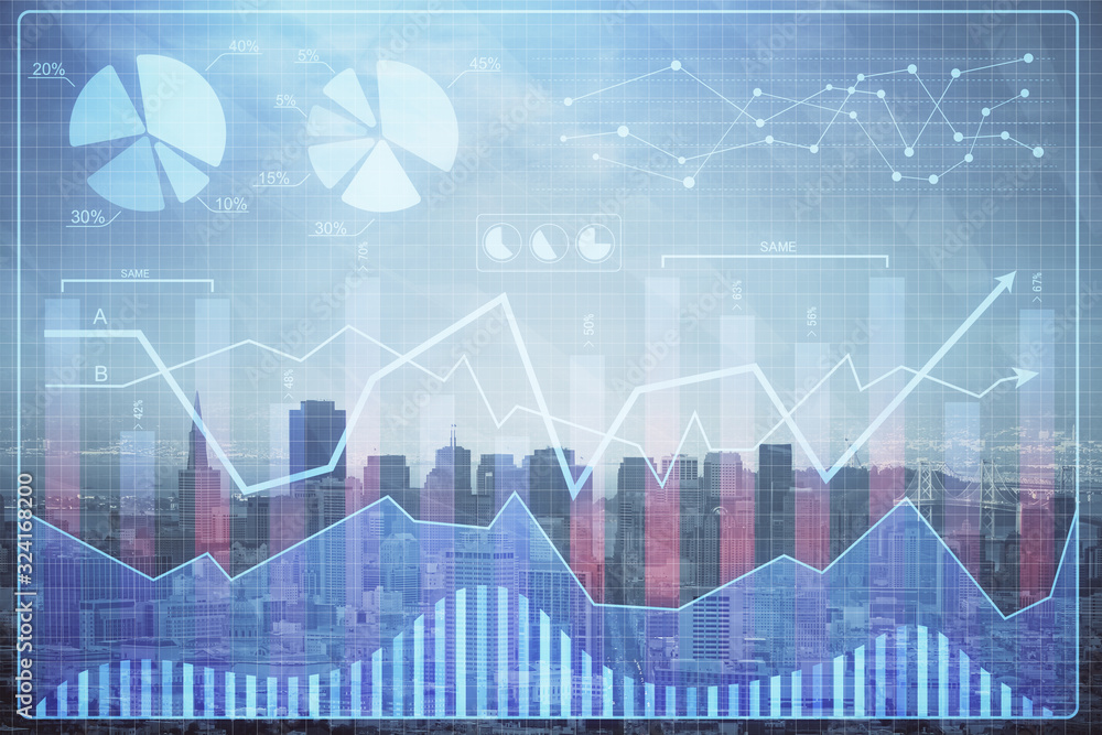 Forex graph on city view with skyscrapers background multi exposure. Financial analysis concept. Forex graph on city view with skyscrapers background multi exposure. Financial analysis concept.