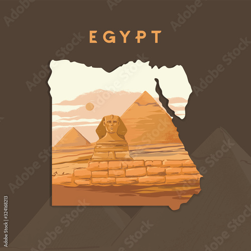 Vector illustration of the Great Sphinx in Giza inscribed on the map of Egypt with the pyramids of Egypt