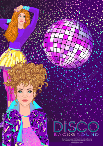 Disco time Party design template with fashion girl, disco ball, light and place for text. Invitation template design for glamour event, thematic wedding, party flyer. Vector illustration.