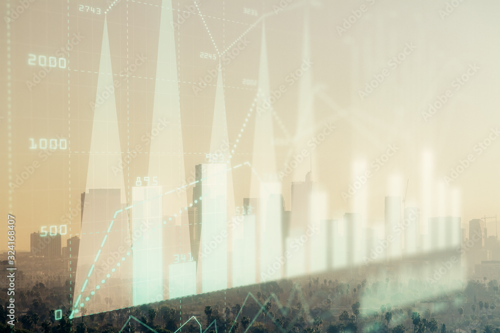 Obraz premium Forex chart on cityscape with skyscrapers wallpaper double exposure. Financial research concept.