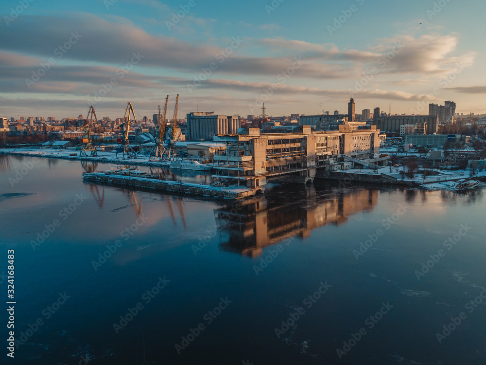 вид с дрона на речпорт в закат, view from the drone to the riverport to sunset