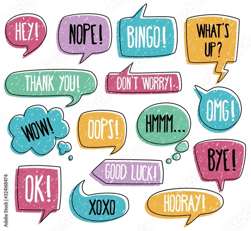 Set of quick prepared answers in messenger vector illustration. Stickers with nope wow oops good luck bye ok xoxo hey and thank you texts flat style. Isolated on white