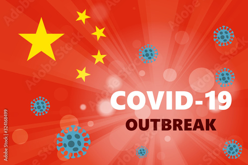 Abstract virus strain model Novel coronavirus 2019-nCoV with text COVID-19 outbreak on red background. Pneumonia Pandemic Protection Concept © sommersby
