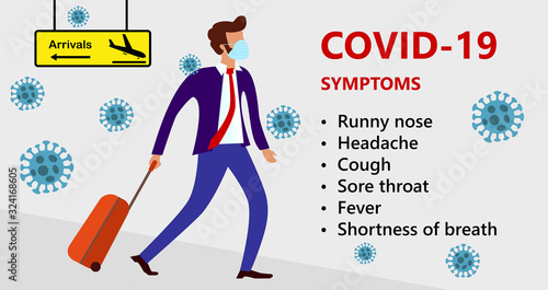 Symptoms of Wuhan Novel corona virus disease (COVID-19), MERS-Cov, man in suit with blue medical face mask moves from direction of arrival. Wuhan pneumonia outbreak. Flu Pandemic Protection Concept