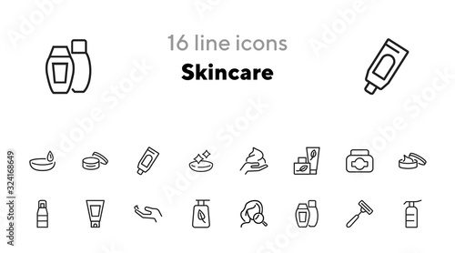 Skincare icon. Set of line icons on white background. Hand cream, body lotion, shaving razor. Beauty products concept. Vector illustration can be used for topics like beauty, cosmetics, bodycare
