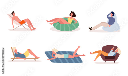 People enjoying rest in armchairs, sunbeds, on floor vector illustration