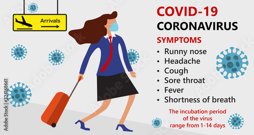 Symptoms of COVID-19 Wuhan Novel corona virus disease (2019-nCoV), MERS-Cov, woman in suit with blue medical face mask moves from direction of arrival. Wuhan pneumonia outbreak