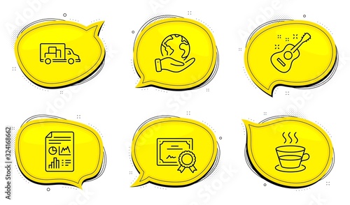 Guitar sign. Diploma certificate, save planet chat bubbles. Report document, Coffee cup and Truck transport line icons set. Growth chart, Tea mug, Delivery. Acoustic instrument. Business set. Vector