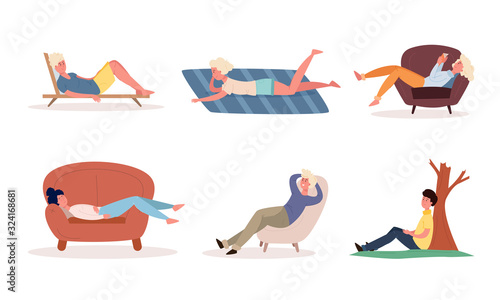 People enjoying rest in armchairs, sunbeds, on floor vector illustration photo